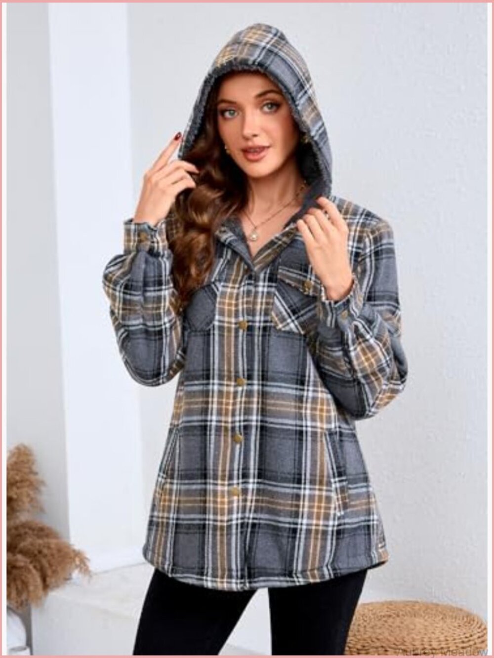 Plaid Sherpa Lined Fleece Flannel Jacket Button Down Hooded Coat - Picture 6 of 7